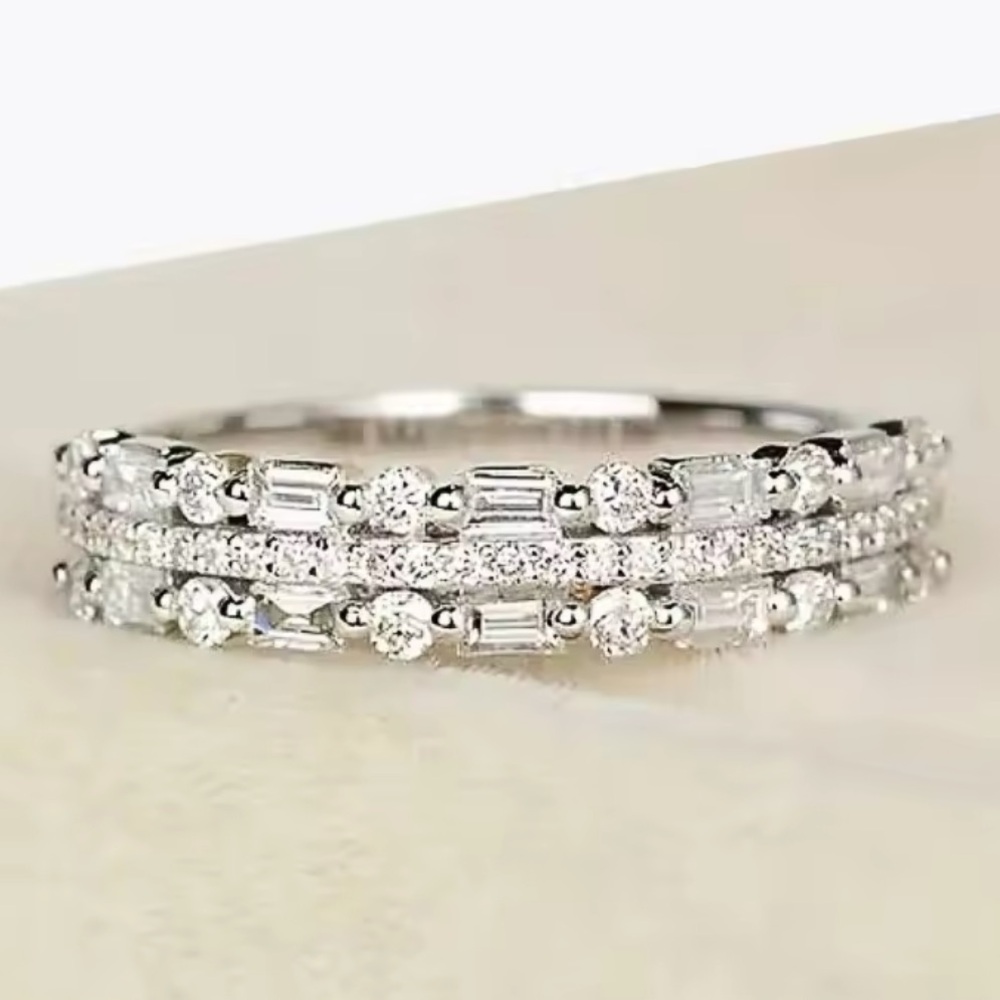 18k White Gold Plated Emerald and Round Brilliant Cut Zircon Diamond Band